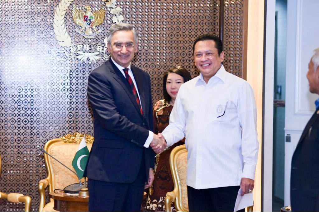 Ketua DPR RI Bambang Susatyo (kanan) bertemu dengan Duta Besar Pakistan untuk Indonesia HE MR Mohammad Aqil Nadeem (kiri) di Gedung Nusantara III, Komplek DPR RI, Senayan, Jakarta, Selasa (24/4).