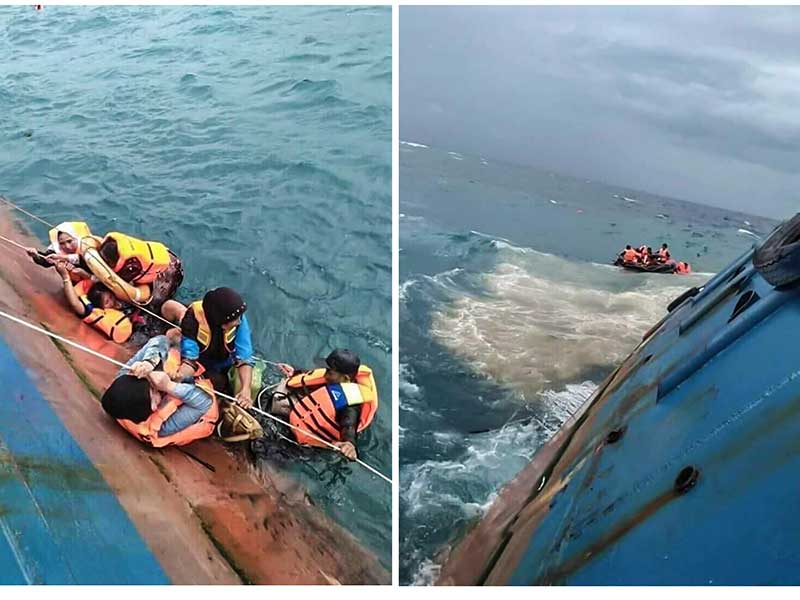  Foto kolase kondisi kapal penyeberangan feri KM Lestari Maju saat akan tenggelam di Perairan Selayar, Sulawesi Selatan, Selasa (3/7/2018)