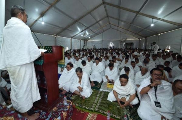 Menag RI Lukman Hakim Saifuddin saat menyampaikan amanat wukuf di Arafah, Senin, 20 Agustus 2018, siang waktu Arab Saudi 