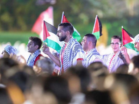 Denvile kontingen Palestinal saat pembukaan Asian Games ke-18 tahun 2018 di Stadion Utama Gelora Bung Karno , Senayan, Jakarta, Sabtu (18/8/2018)