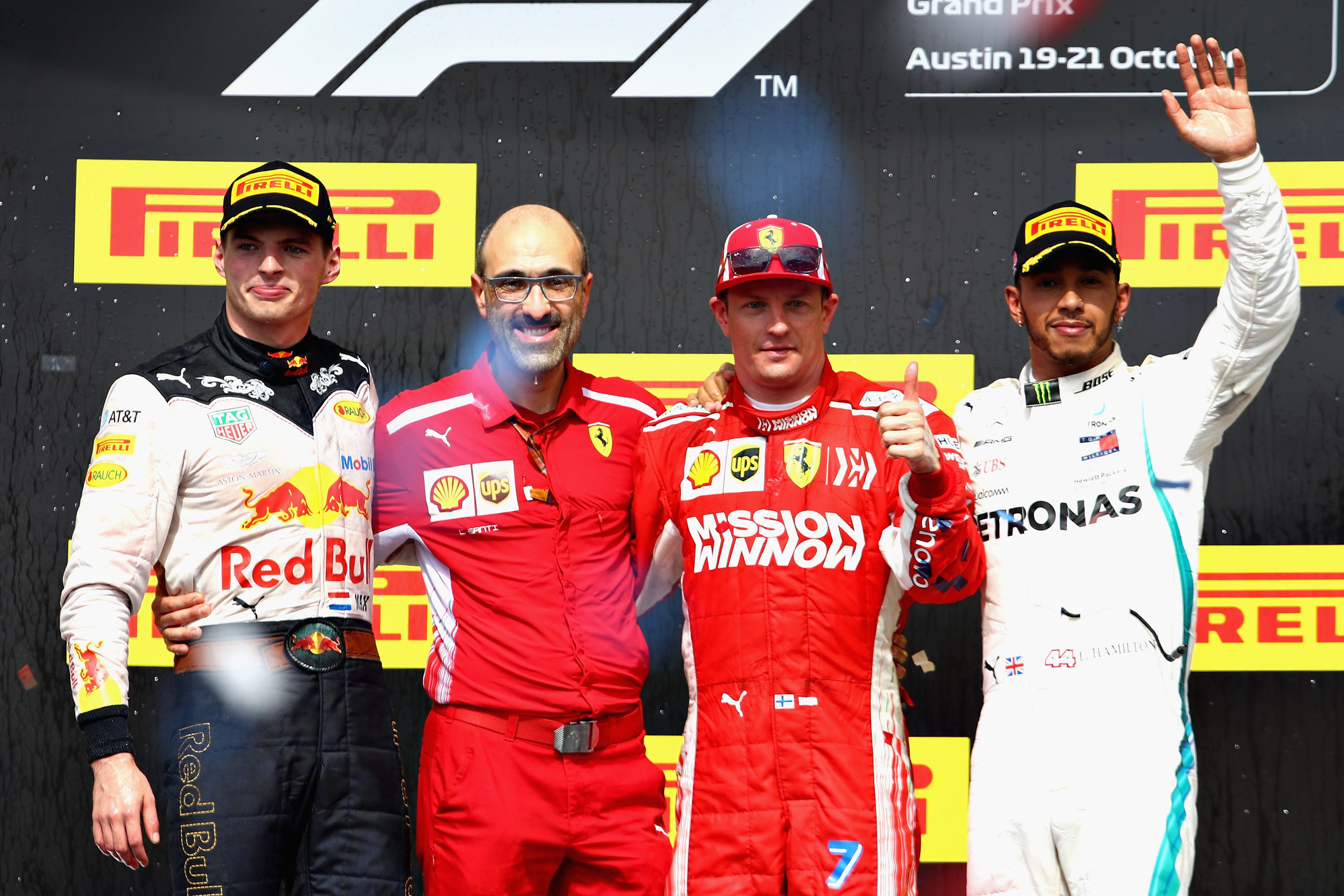 Podium GP AS. Kimi Raikkonen (kedua dari kiri) menjadi yang tercepat disusul Max Verstappen (kiri) dan Lewis Hamilton (kanan)