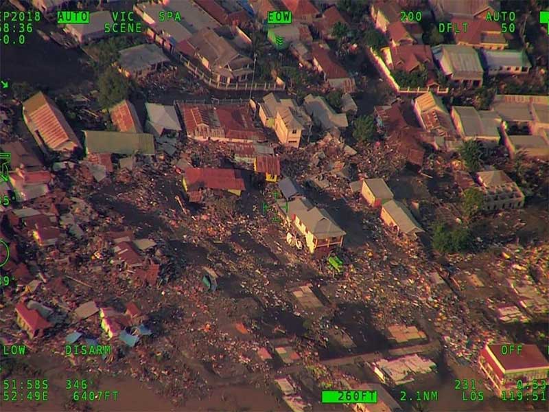 oto dari udara memperlihatkan wilayah terdampak bencana di Palu, Sulteng, 29 September 2018. 