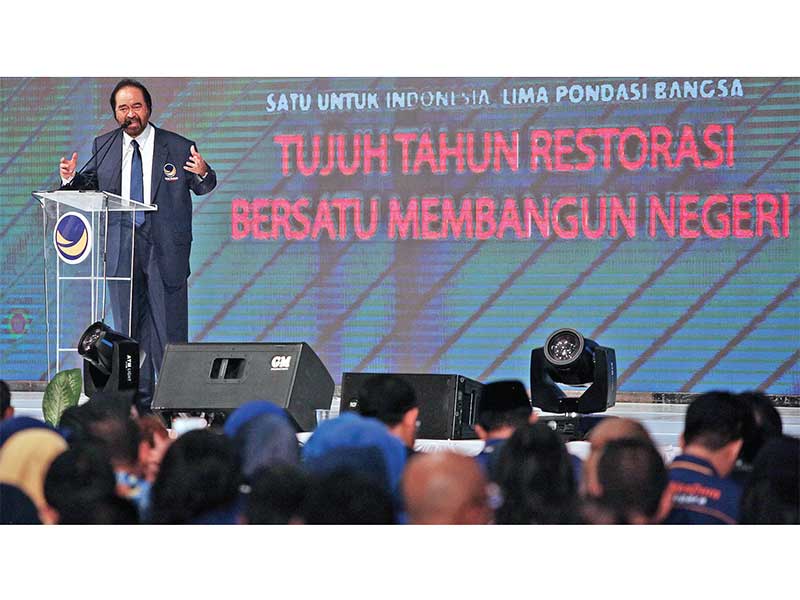 HUT KE-7 PARTAI NASDEM: Ketua Umum Partai NasDem Surya Paloh menyampaikan pidato dalam acara puncak peringatan HUT ke-7 Partai NasDem di De Tjolomadoe, Karanganyar, Jawa Tengah, kemarin.