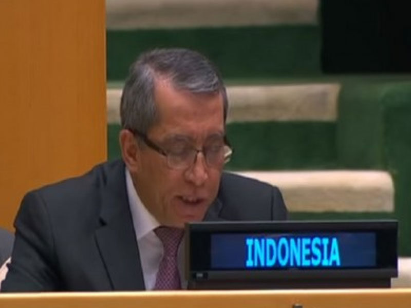 Dubes dan Wakil Tetap Indonesia untuk PBB, Dian Triansyah Djani di Sidang Majelis Umum PBB di New York, AS