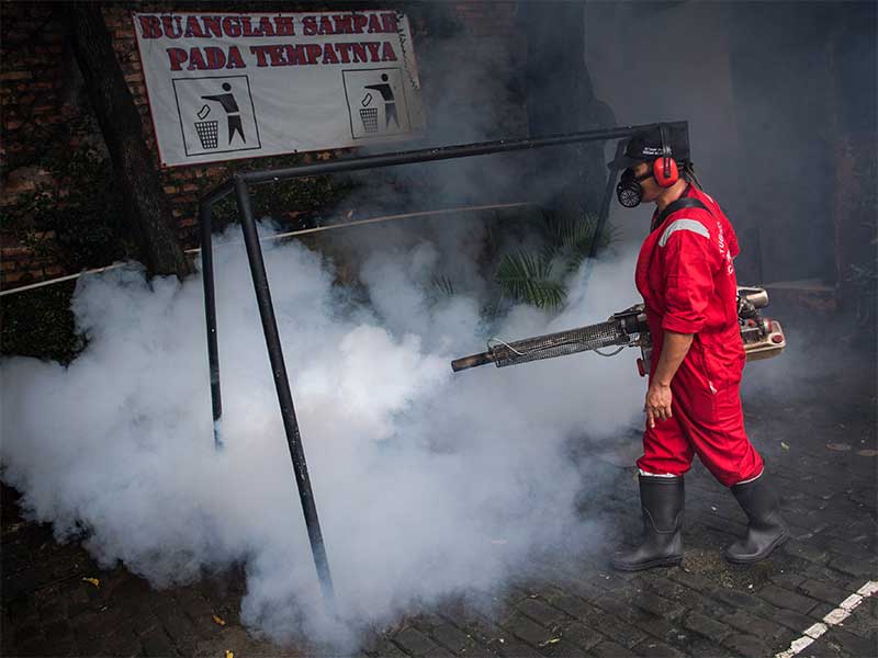  Petugas Fogging Kecamatan Palmerah melakukan pengasapan di SDN Kota Bambu 07 Pagi, Palmerah, Jakarta Barat, Jumat (25/1/2019)