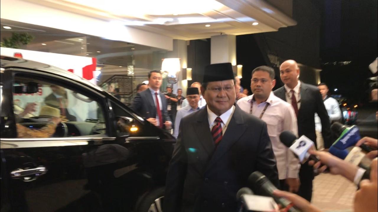 Capres Prabowo Subianto tiba di Lokasi Debat Pilpres keempat di Hotel Shangrila Jakarta, hari ini.