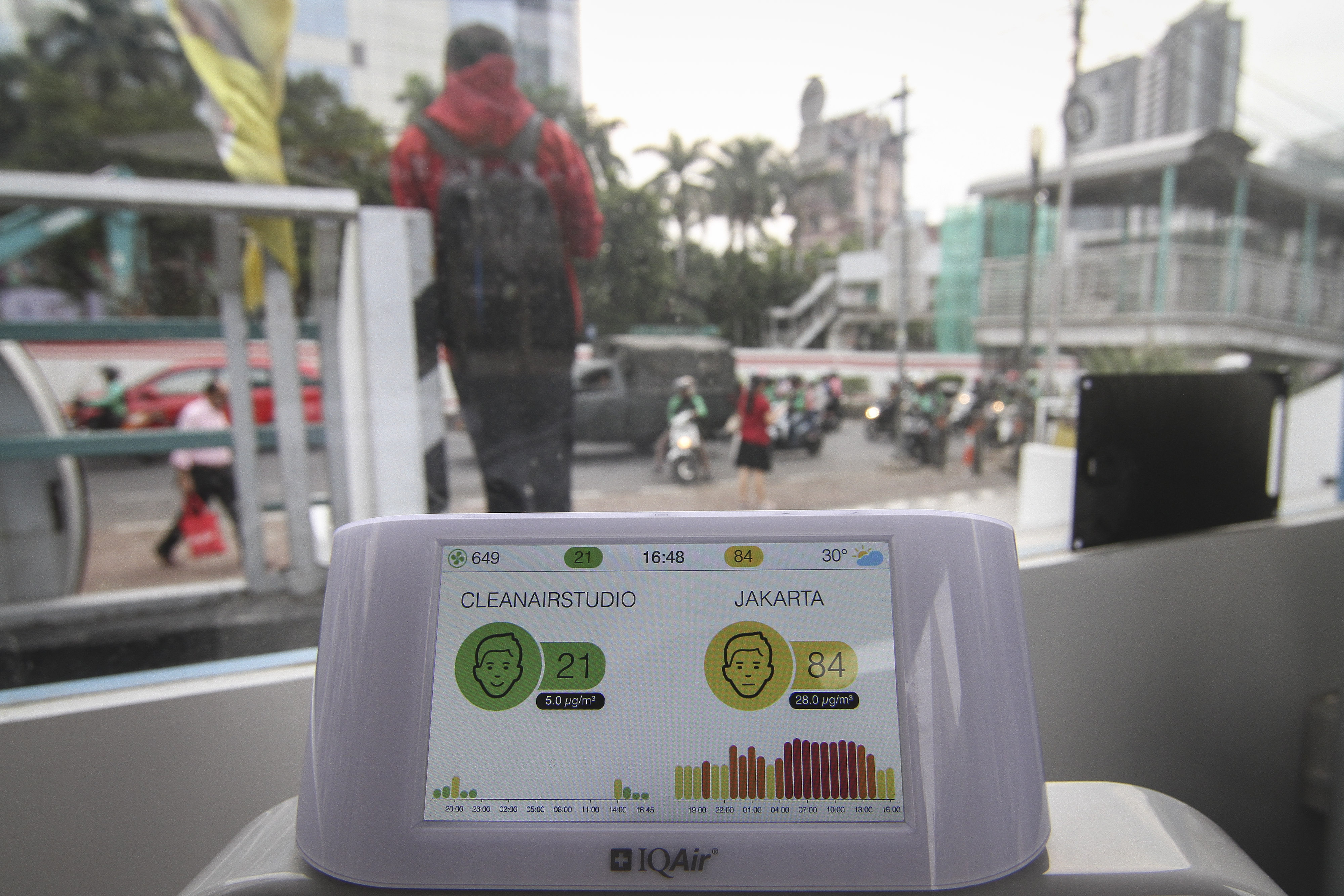 Alat indikator udara berada di dalam instalasi ruangan bebas polusi udara di kawasan Jakarta Selatan, Kamis (13/9). Ruangan tersebut diatur agar udara di dalamnya lebih bersih dari udara luar ruang kota Jakarta sebagai bentuk kampanye pentingnya melakukan 