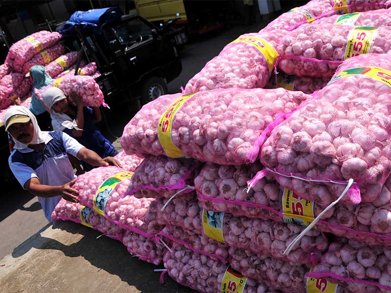 Pekerja mengangkat karung berisi bawang putih impor di Tegal, Jawa Tengah, Kamis (21/5). 