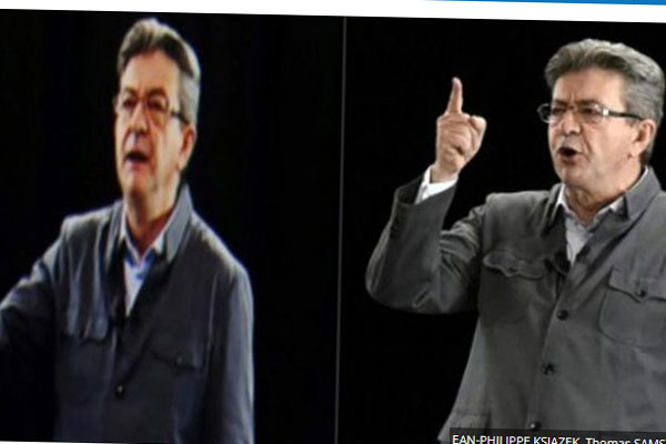  Jean-Luc Melenchon menyampaikan sambutannya dalam kampanye di Chassieu . sosoknya muncul dalam acara serupa di La Plaine Saint Denis, utara