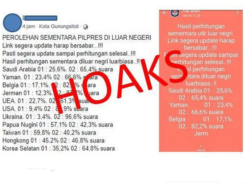 Hoaks penghitungan suara Pemilu 2019 di luar negeri yang beredar di Facebook dan WhatsApp.  