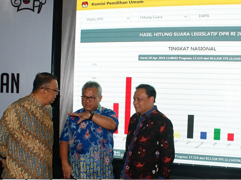  KPU Arief Budiman bersama Ketua Bawaslu Abhan dan Anggota DKPP Alfitra Salamm saat monitoring rekapitulasi penghitungan perolehan suara