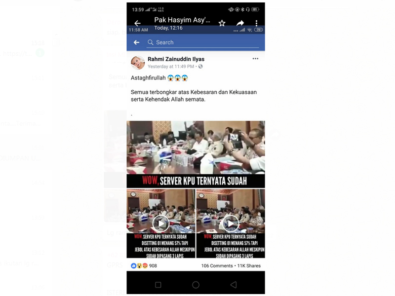 Laman Facebook yang menampilkan hoaks soal server KPU