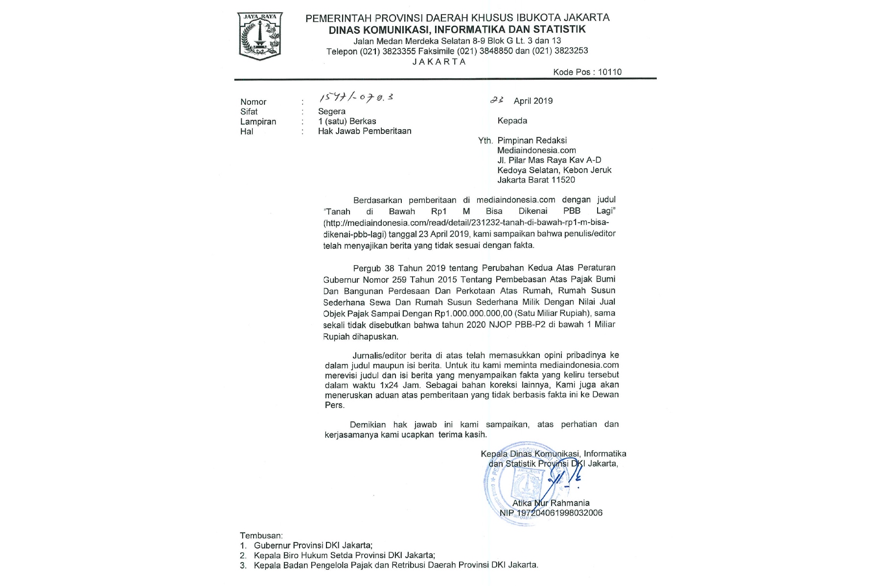 Hak jawab pemberitaan Dinas Komunikasi, Informatika, dan Statistik Provinsni DKI Jakarta