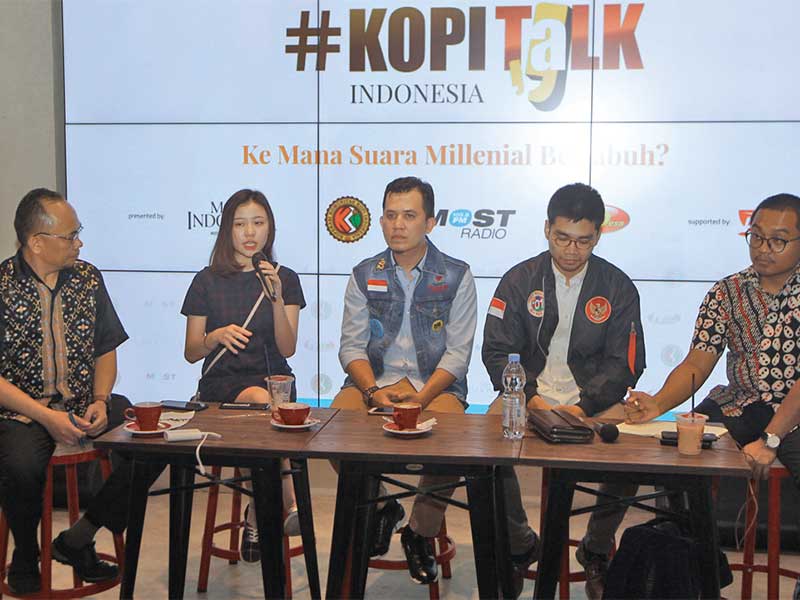 Talkshow Kopitalk Indonesia dengan tema Ke mana suara milenial berlabuh oleh Media Indonesia?, di jakarta, Jumat (5/4/2019)