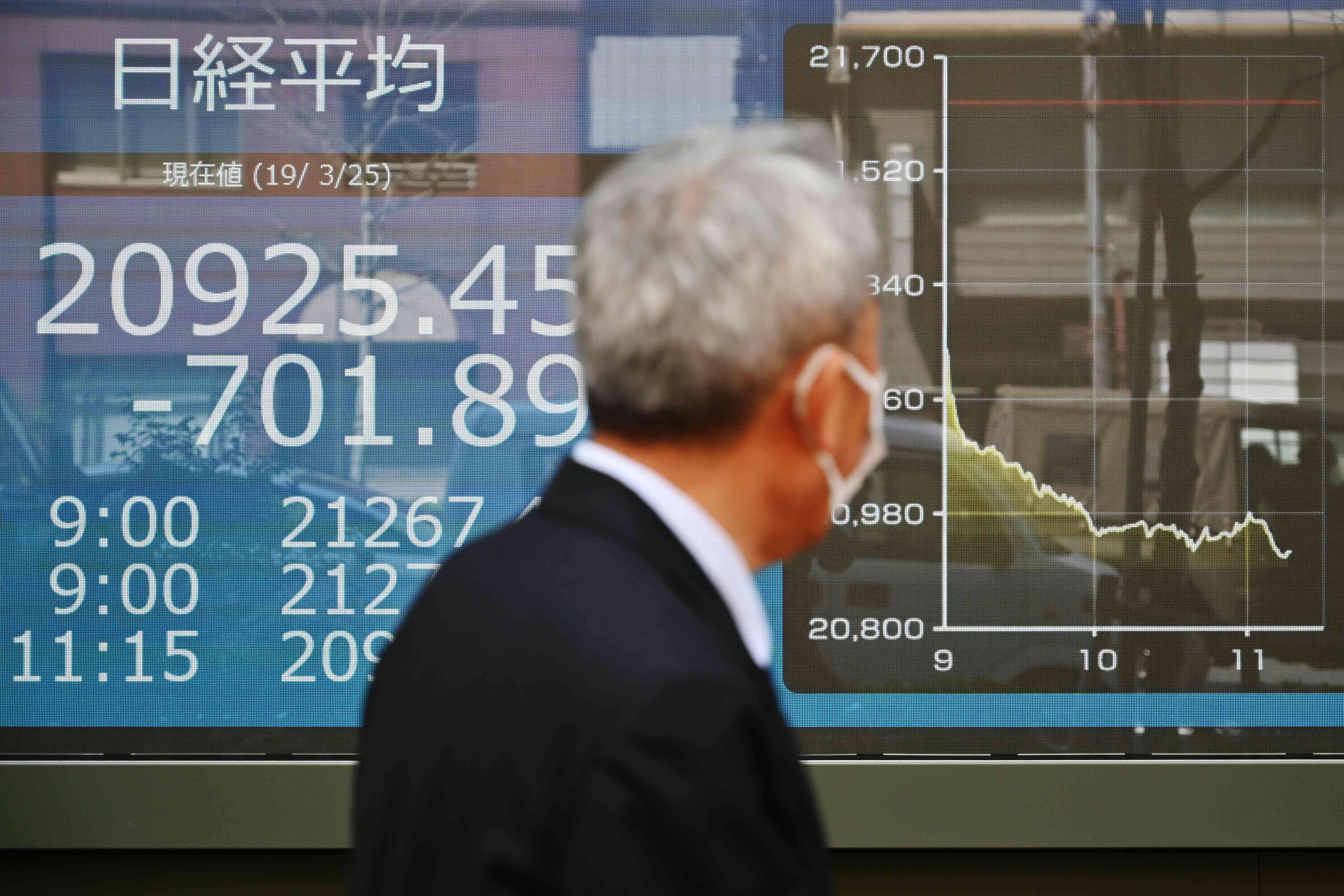Seorang pria melewati papan perdagangan Bursa Efek Tokyo Tokyo di Tokyo, Jepang pada akhir Maret 2019.