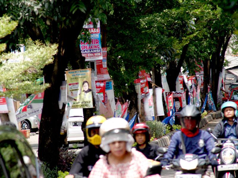 Alat peraga kampanye (APK) Caleg terpasang di pohon sepanjang jalan Keadilan Kota Depok
