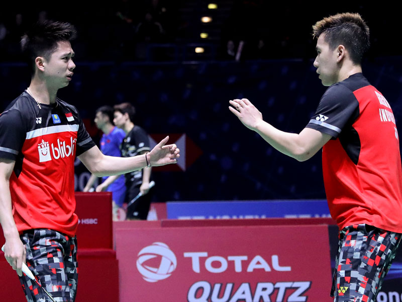 Pasangan ganda putra Indonesia Kevin Sanjaya Sukamuljo/Marcus Gideon sukses menyegel tiket ke semifi nal Kejuaraan Bulu Tangkis Asia 2019