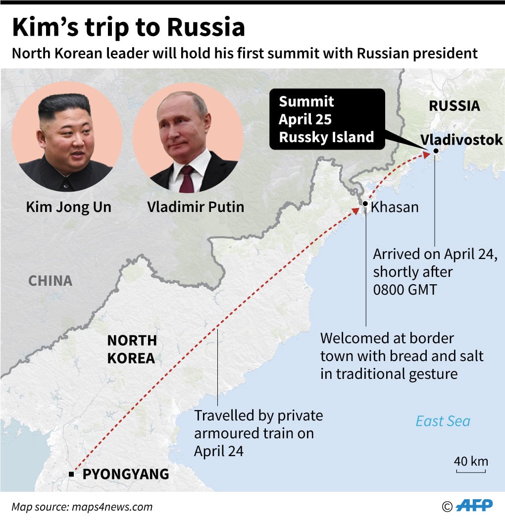 Peta yang menunjukkan perkiraan rute yang diambil pemimpin Korea Utara Kim Jong Un dari Pyongyang ke Vladivostok 