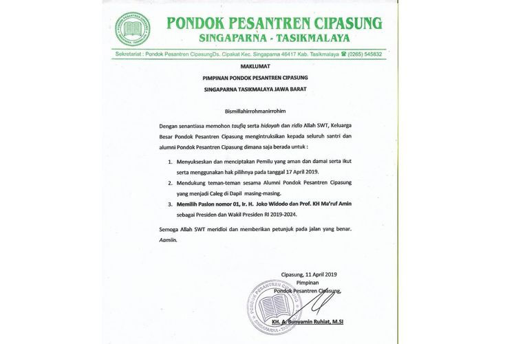 Isi maklumat pimpinan Ponpes Cipasung yang salah satunya menginstruksikan santri dan alumni untuk memilih Jokowi-Maruf.