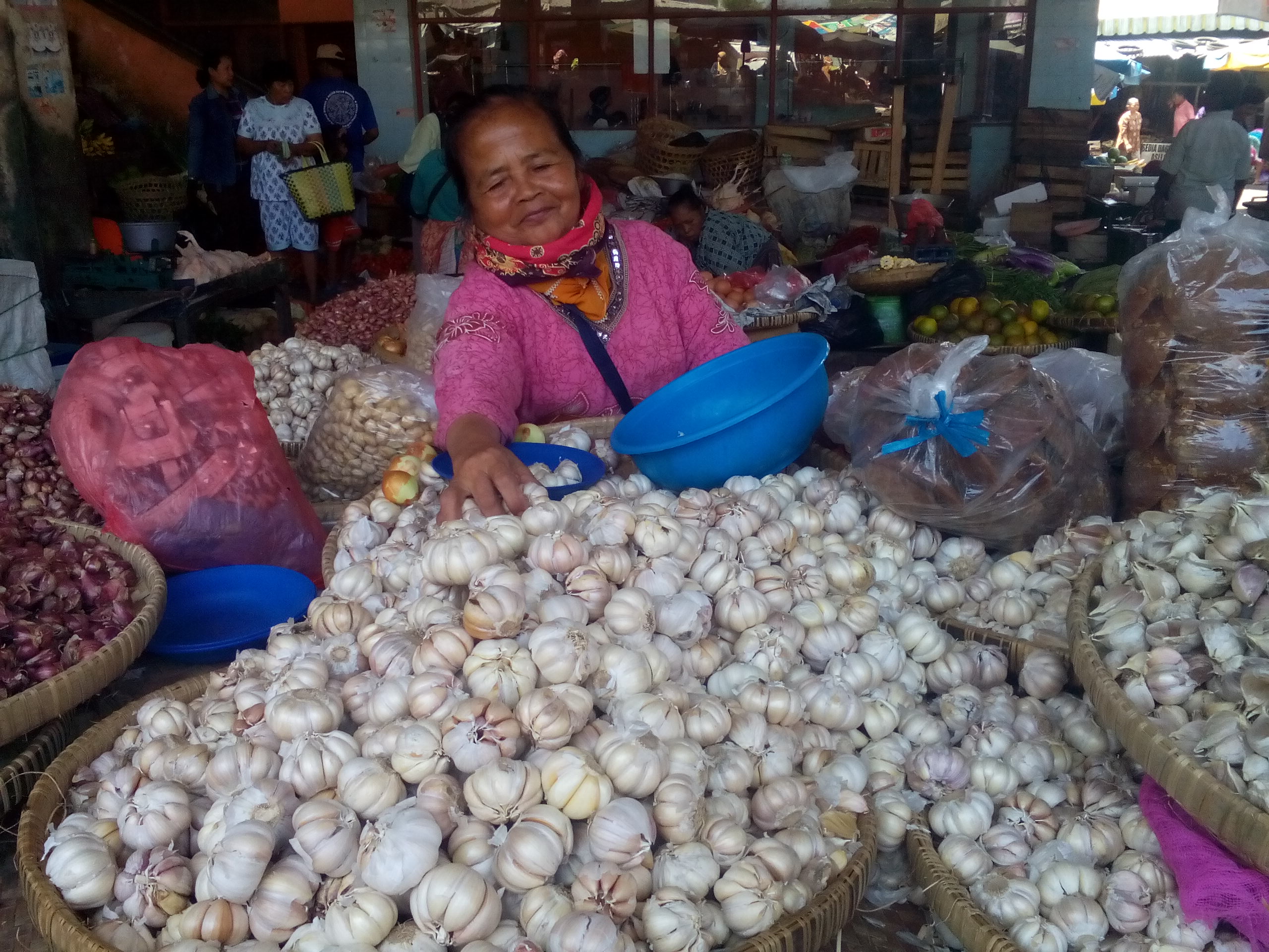 Pedagang pasar di Klaten, Jawa Tengah, menata bawang putih, beberapa waktu lalu. 