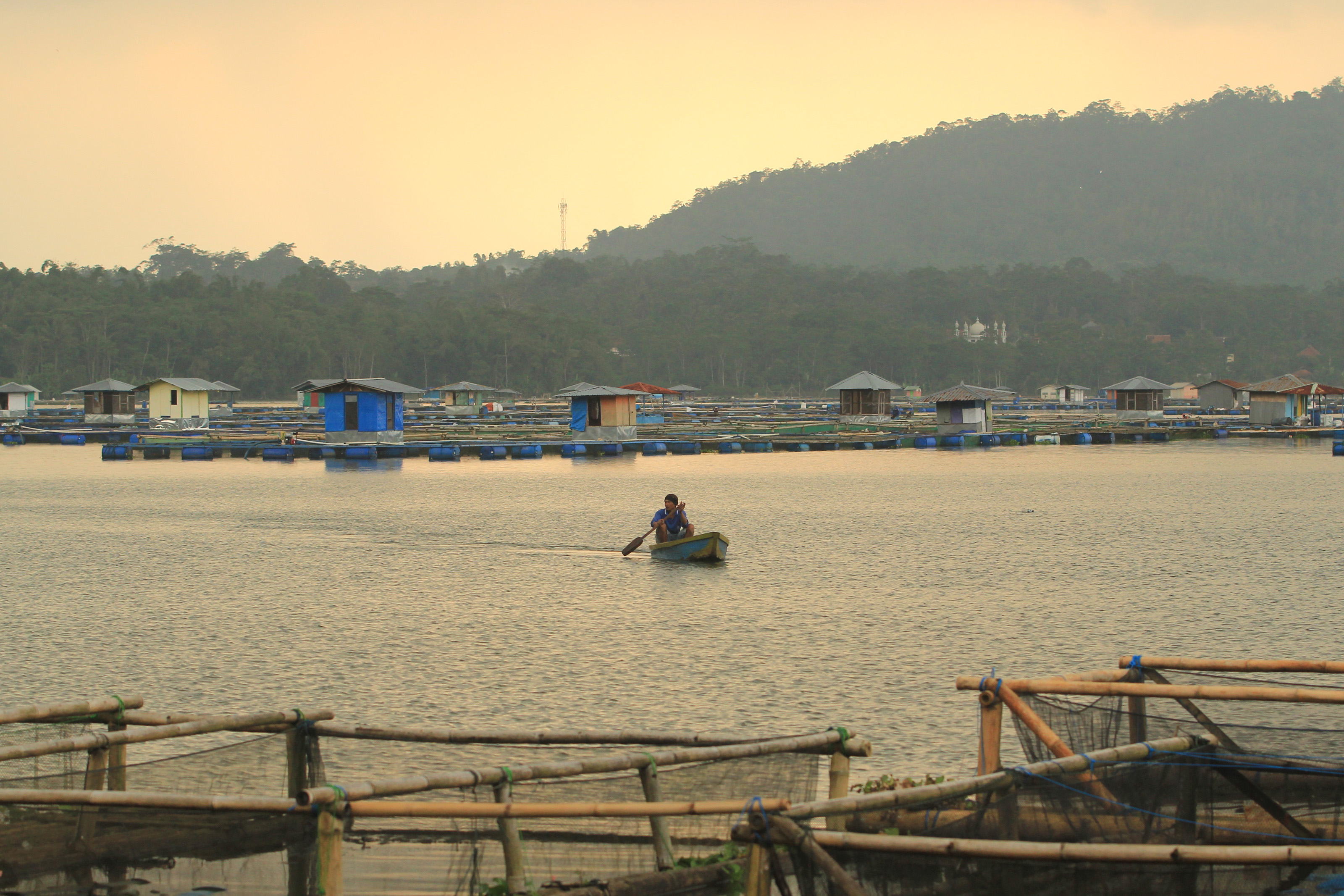 Seorang nelayan melintas di sekitar keramba apung yang terpasang di Waduk Darma, Kuningan, Jawa Barat
