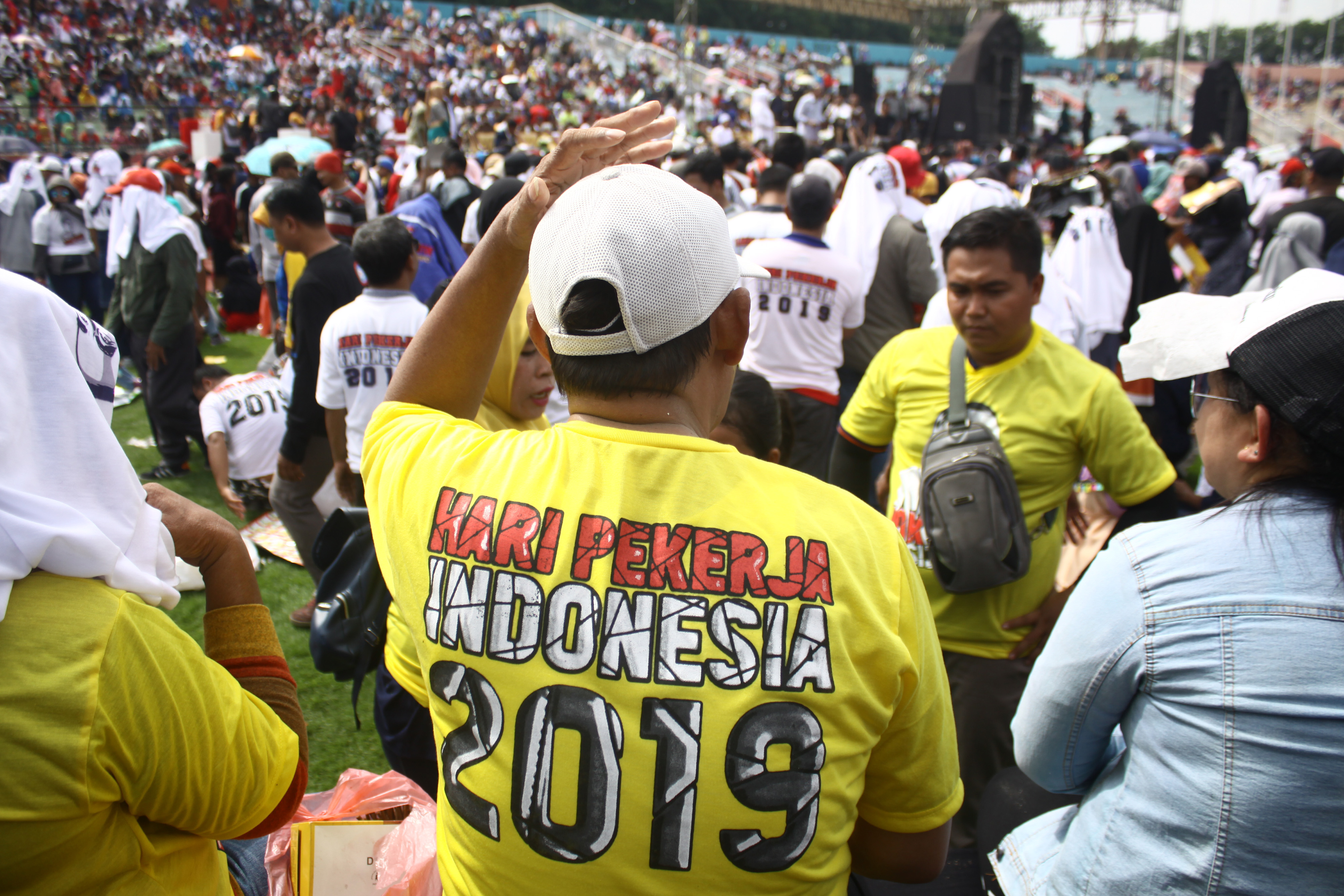 Buruh yang tergabung dalam serikat buruh sedang merayakan Hari Pekerja Indonesia 2019, 3 Maret lalu