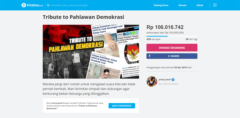 Laman penggalangan dana untuk petugas KPPS yang meninggal saat menjalankan tugas di kitabisa.com