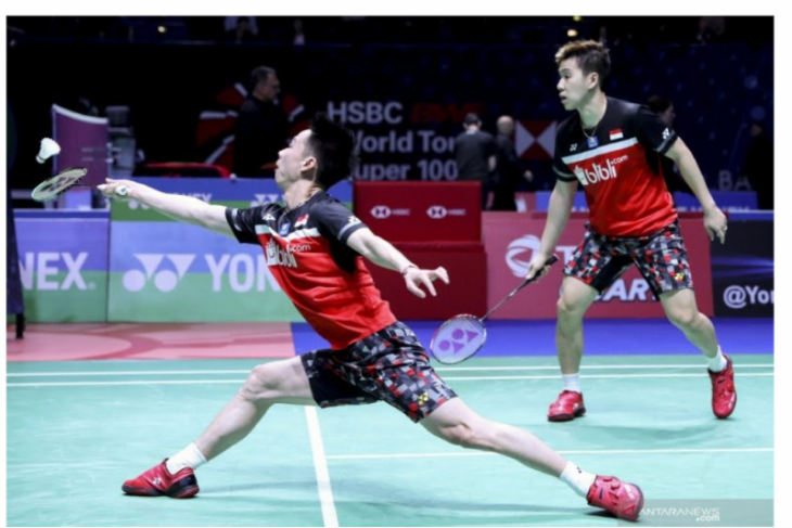 Pebulu tangkis ganda putra Indonesia Kevin Sanjaya Sukamuljo (kiri) dan Marcus Fernaldi Gideon.
