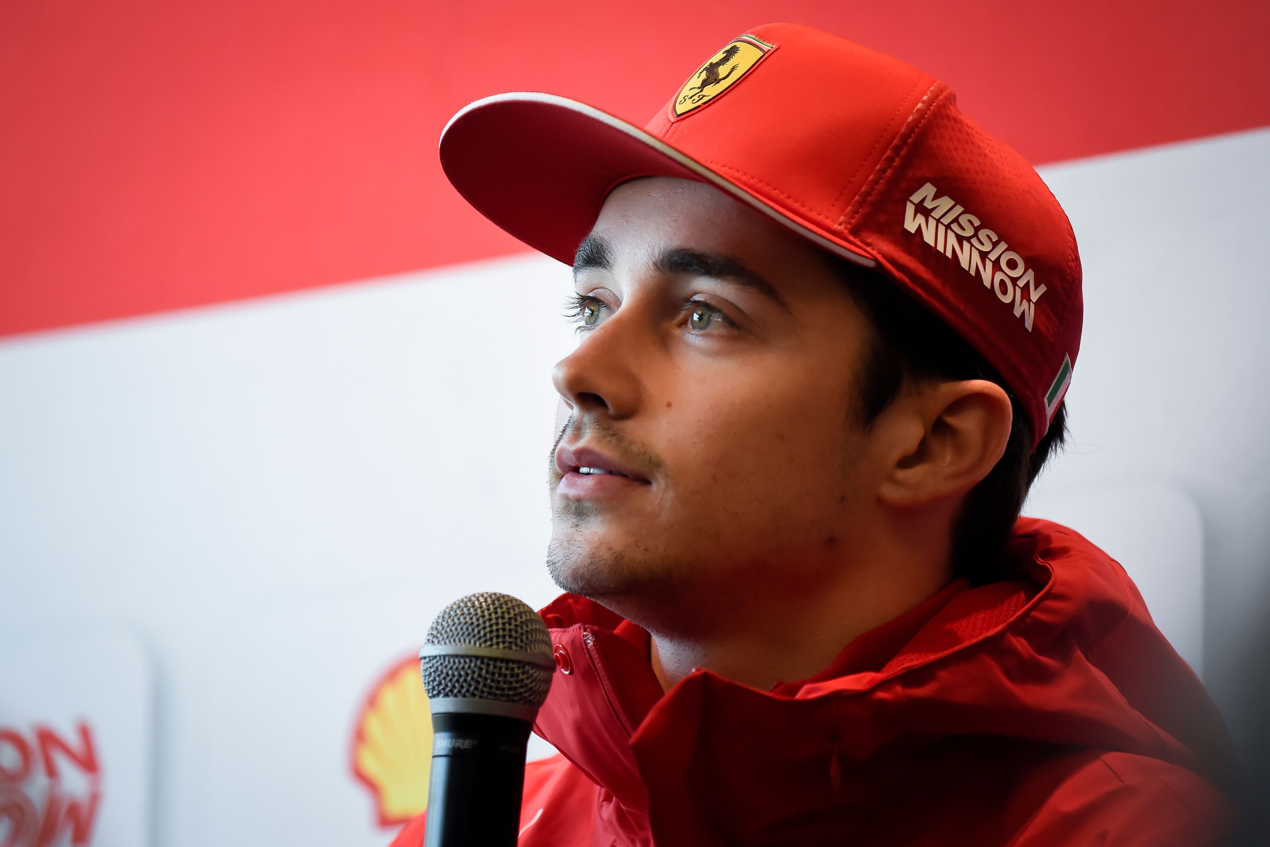 Pembalap Ferrari Monegasque Charles Leclerc menghadiri konferensi pers menjelang Grand Prix Cina Formula Satu di Shanghai pada 11 April 2019