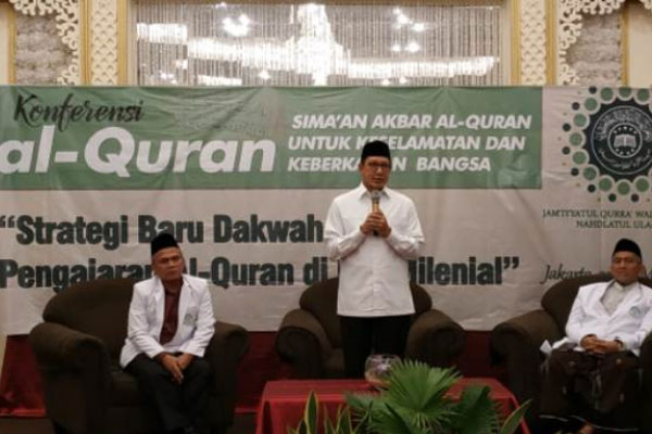  Menag Lukman saat membuka Konferensi Alquran Pimpinan Pusat Jamiyyatul Qurra wal Huffazh Nahdlatul Ulama (JQHNU) di Jakarta,