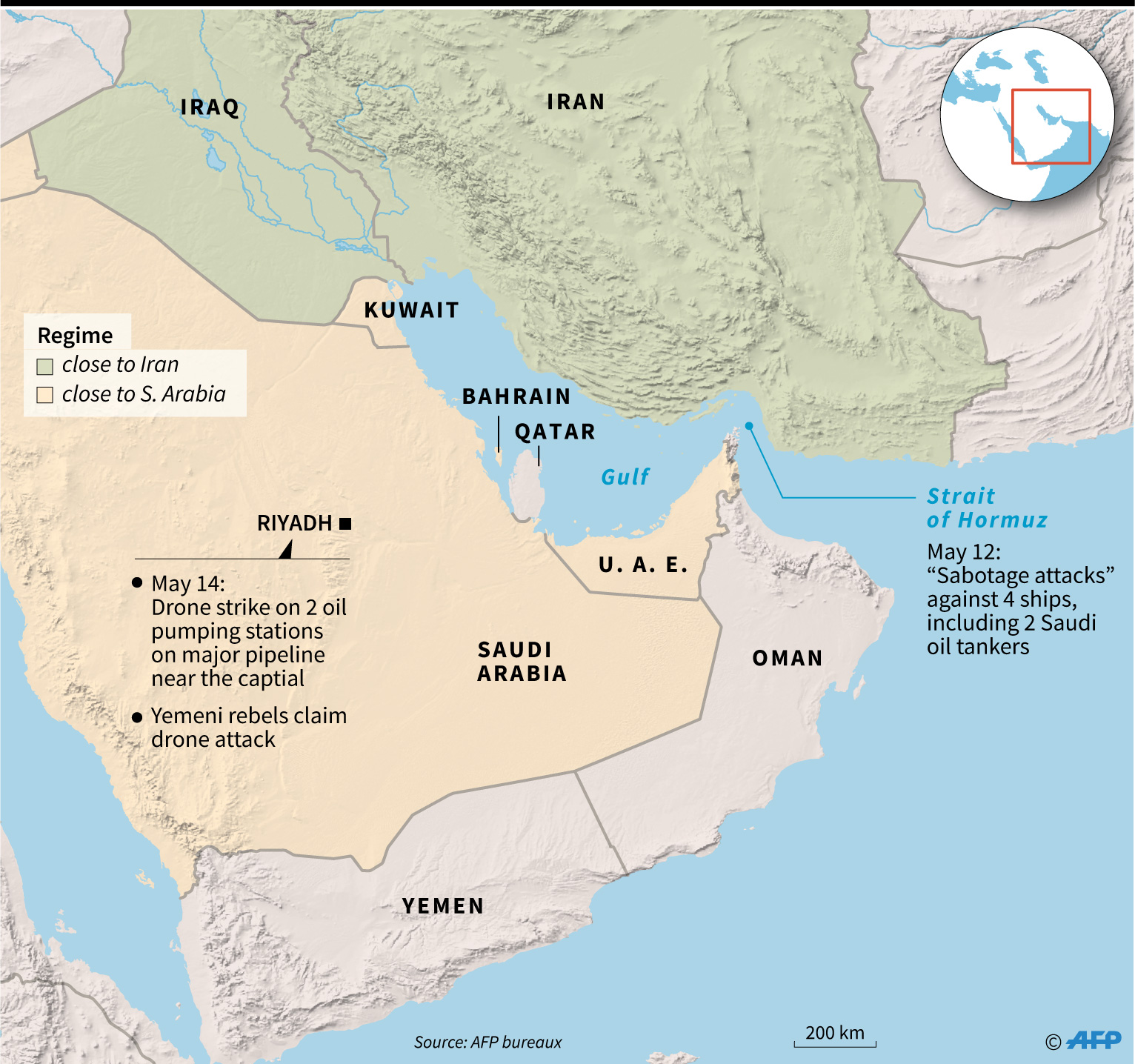 Peta wilayah Teluk menunjukkan serangan drone 14 Mei di stasiun pompa minyak Saudi dan 12 Mei 