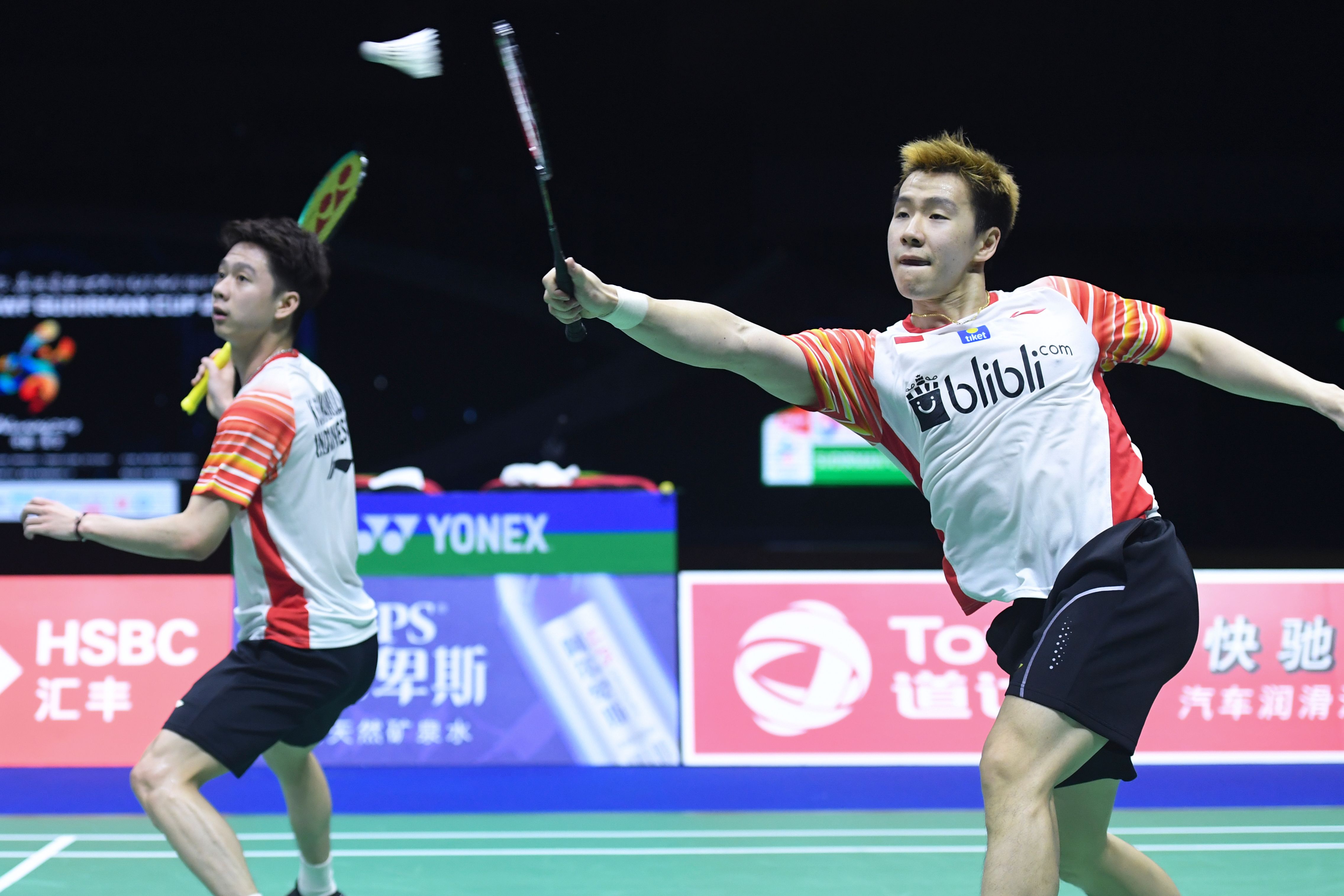 Pasangan Ganda Putra Indonesia Marcus Fernaldi Gideon (Kiri) and Kevin Sanjaya Sukamuljo