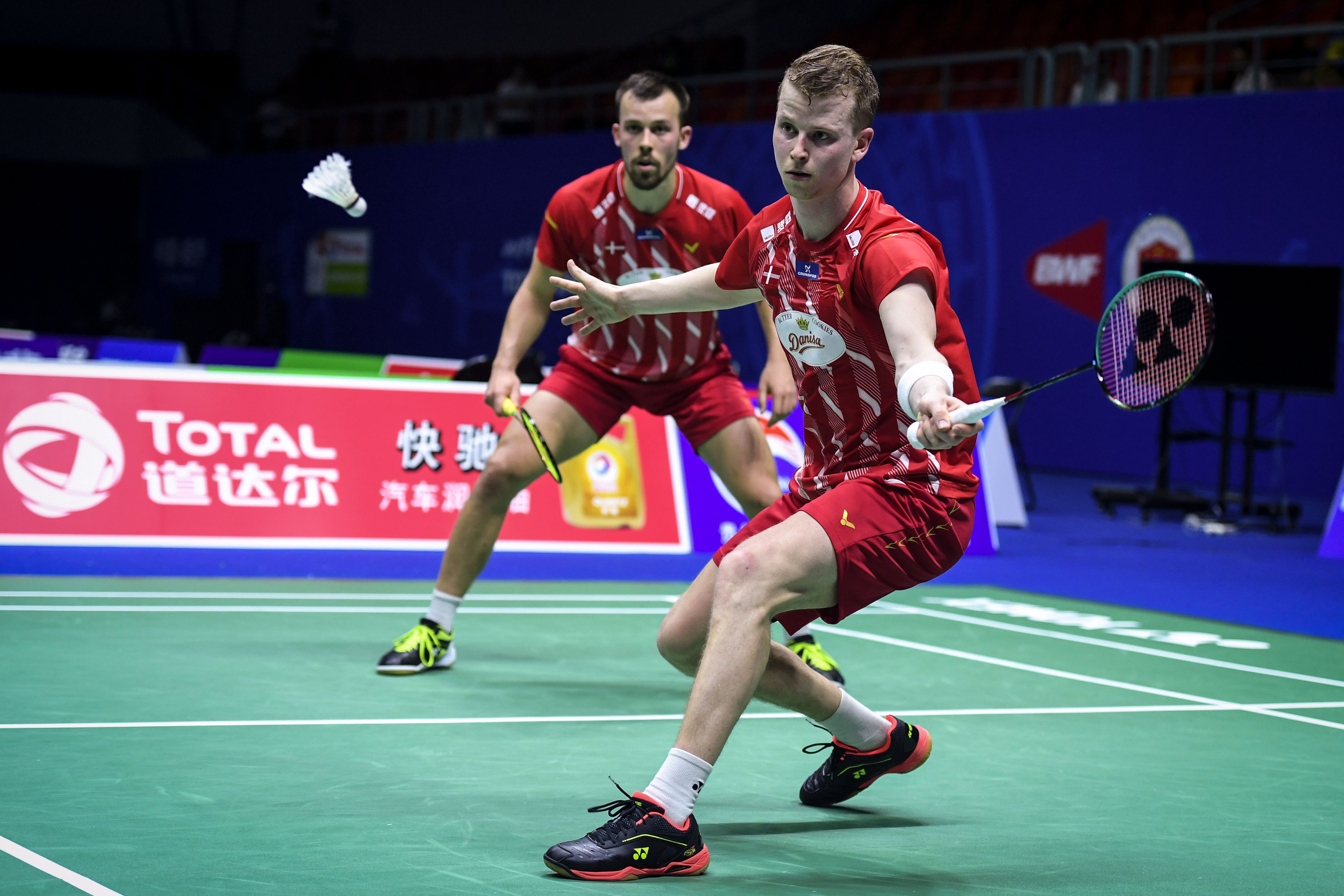 Pasangan ganda putra Denmark Kim Astrup (kanan) dan Anders Skaarup Rasmussen.