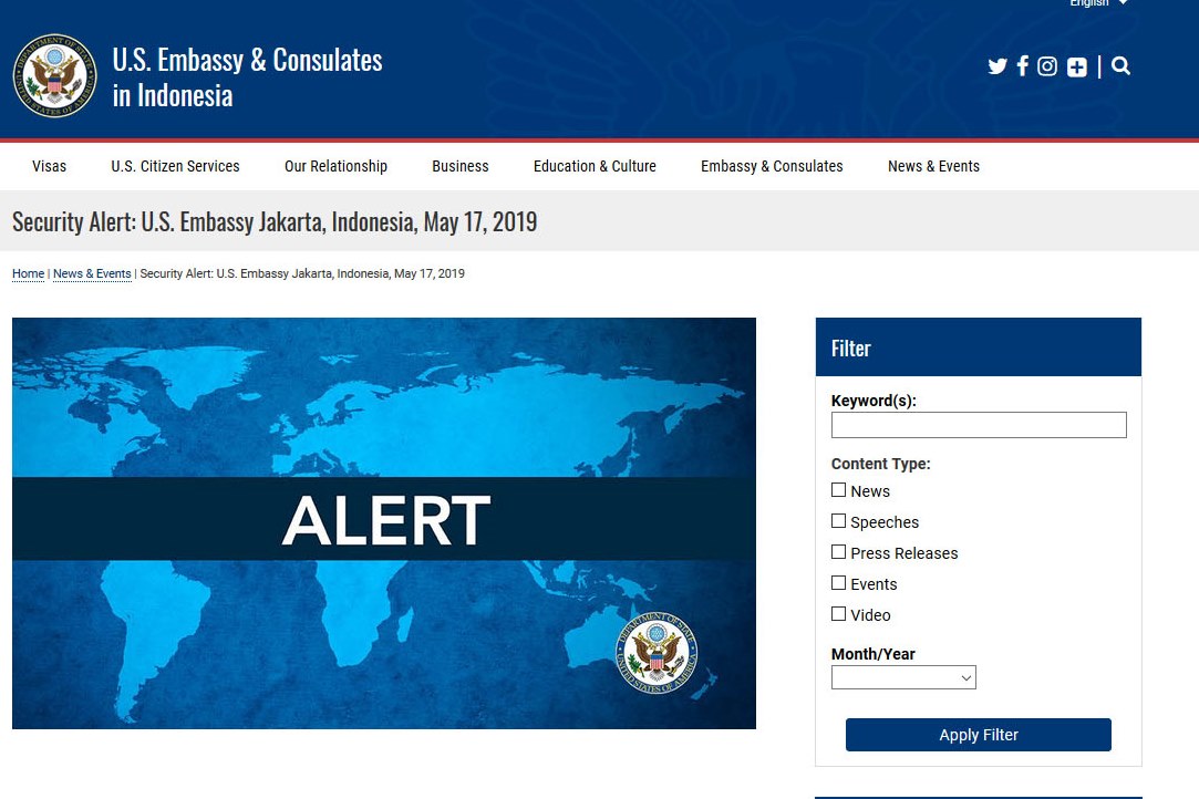 Peringatan keamanan yang dikeluarkan Kedubes AS.