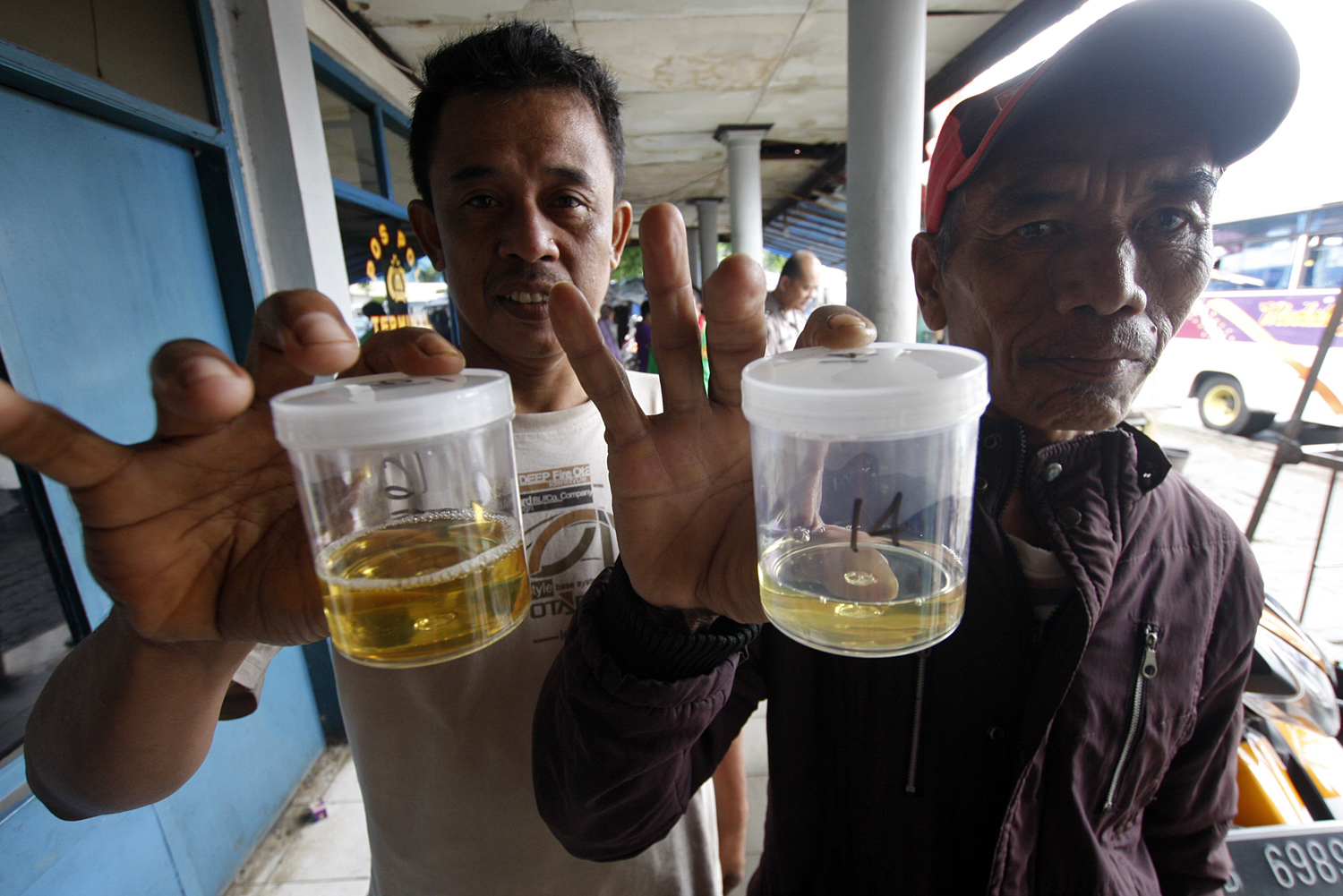 Sopir bus Antar Kota Antar Provinsi (AKAP) menunjukkan tes urine di Terminal Terpadu Depok, Jalan Margonda Raya, Depok, Jawa Barat.