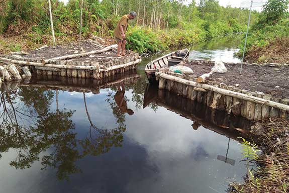 Warga berdiri di atas sekat kanal yang dibangun di lahan gambut