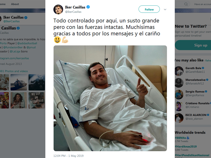 Casillas berada di rumah sakit usai mengalami serangan jantung di sesi latihan bersama FC Porto.