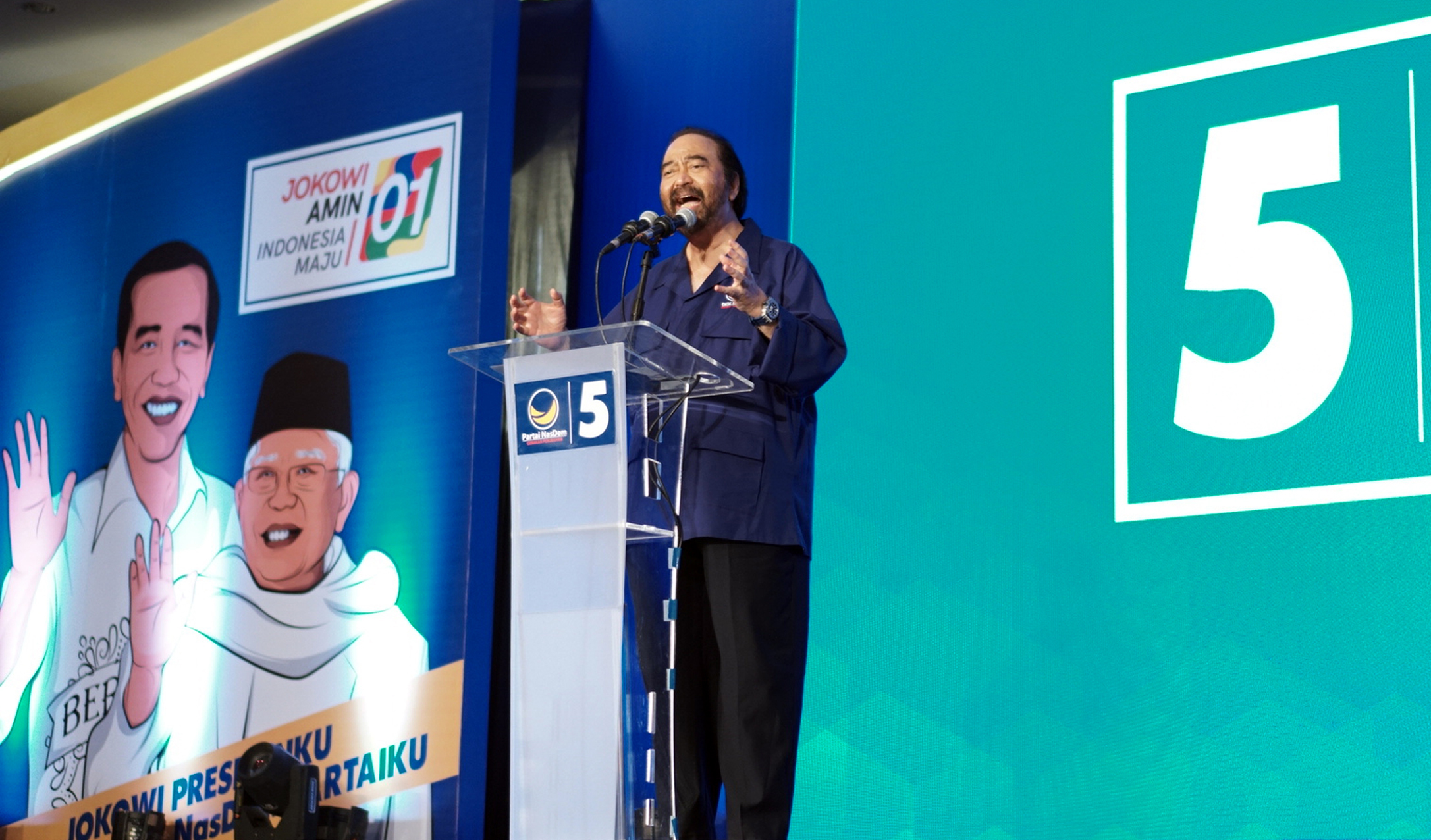 Ketua Umum Partai NasDem Surya Paloh saat kampanye di Jember, Jawa Timur, beberapa waktu lalu. 