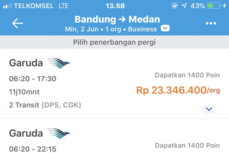 Harga tiket kelas bisnis yang tertera di Traveloka. 