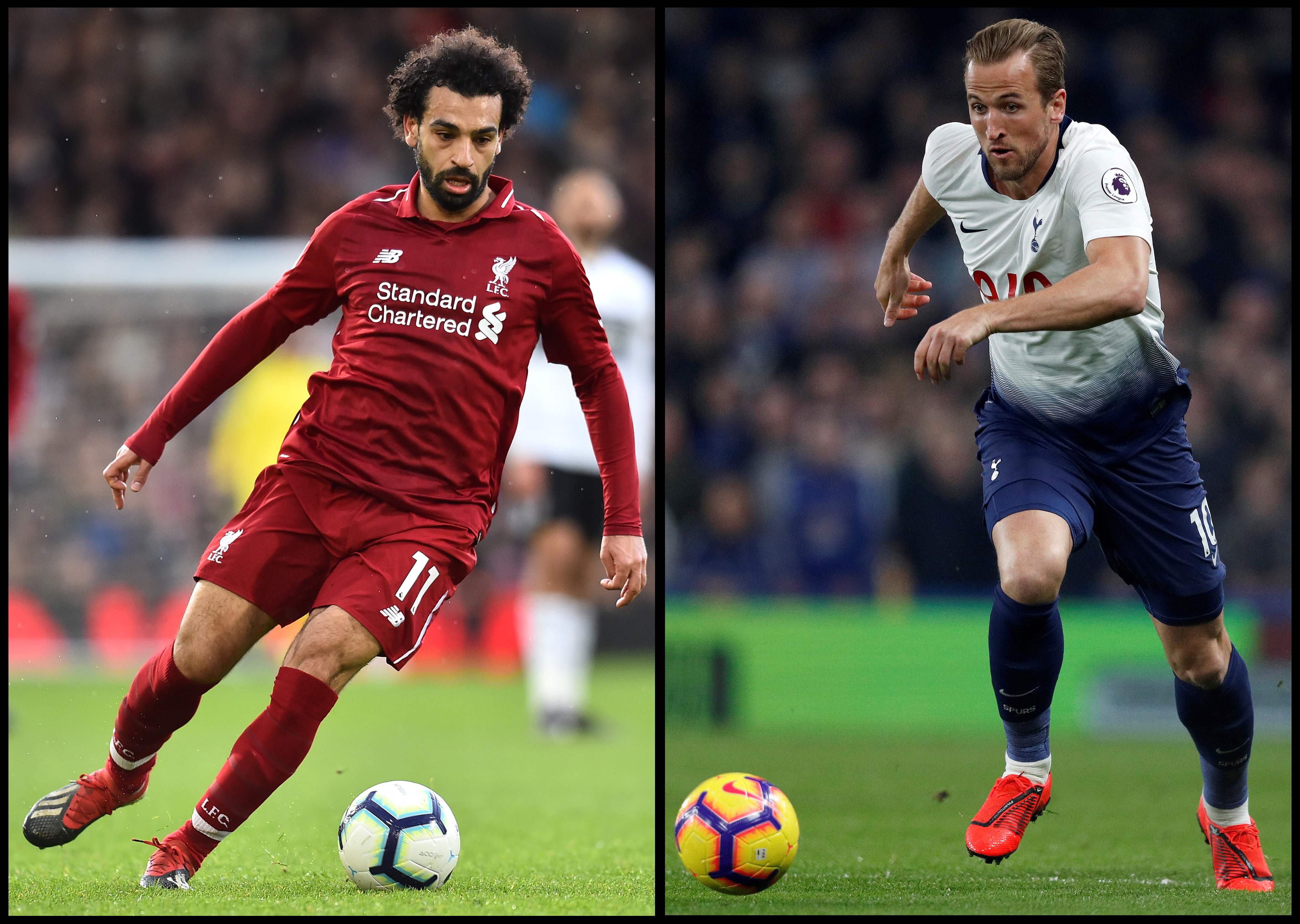 Gelandang Liverpool Mesir Mohamed Salah (kiri) dan striker Inggris Tottenham Hotspur Harry Kane