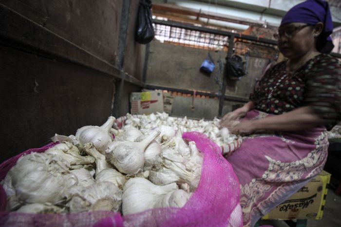 Buruh mengupas bawang putih di Pasar 