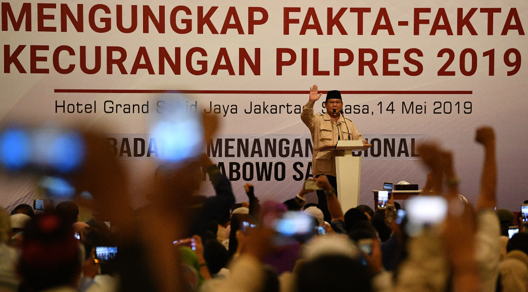 Calon Presiden nomor urut 02 Prabowo Subianto berpidato di Jakarta, Selasa (14/5/2019). 