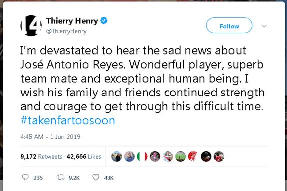 Legenda Arsenal, Thierry Henry ucapkan bela sungkawa melalui twitter