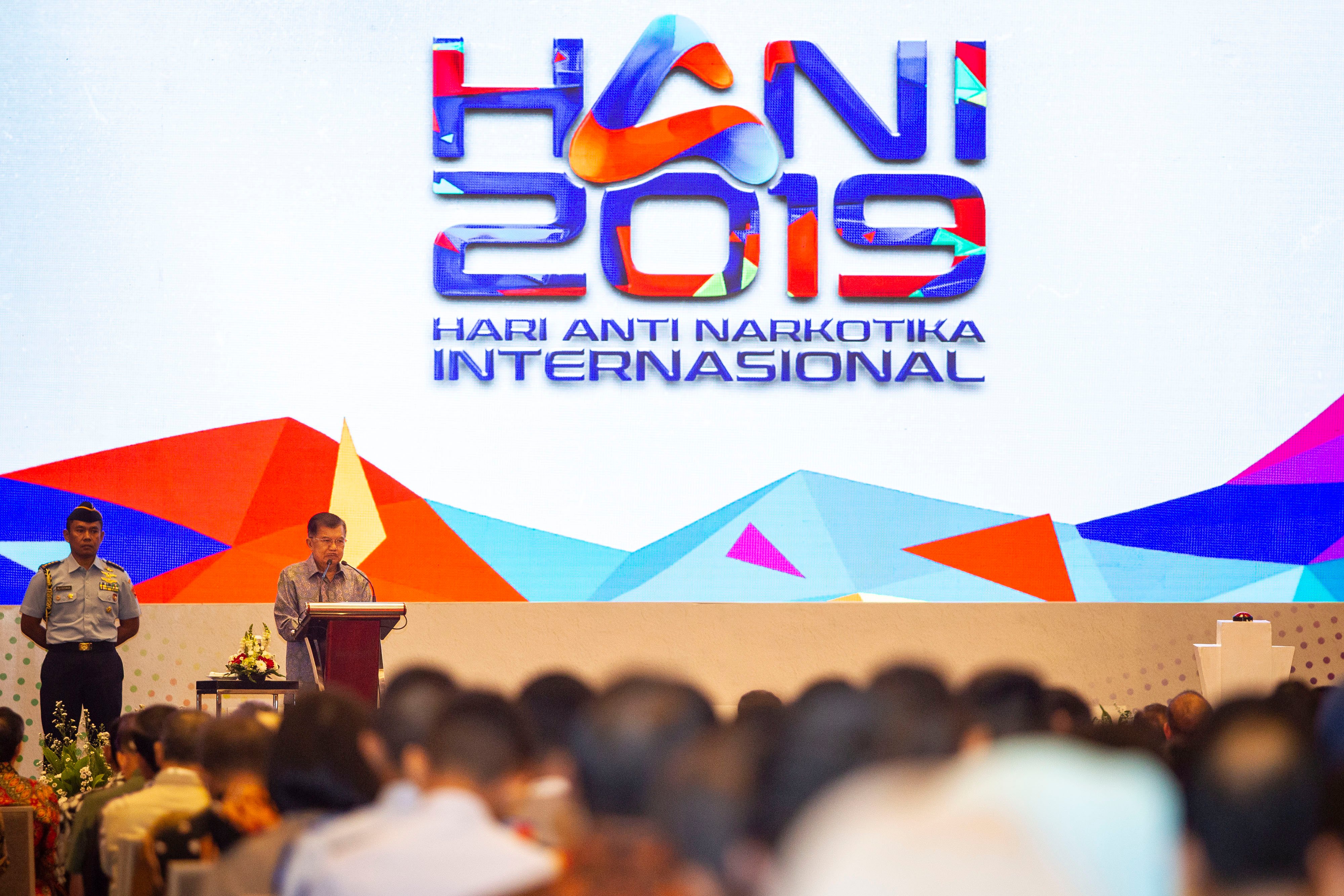 Wakil Presiden Jusuf Kalla menyampaikan sambutan pada peringatan Hari Anti Narkotika Internasional di Jakarta, Rabu (26/6/2019)