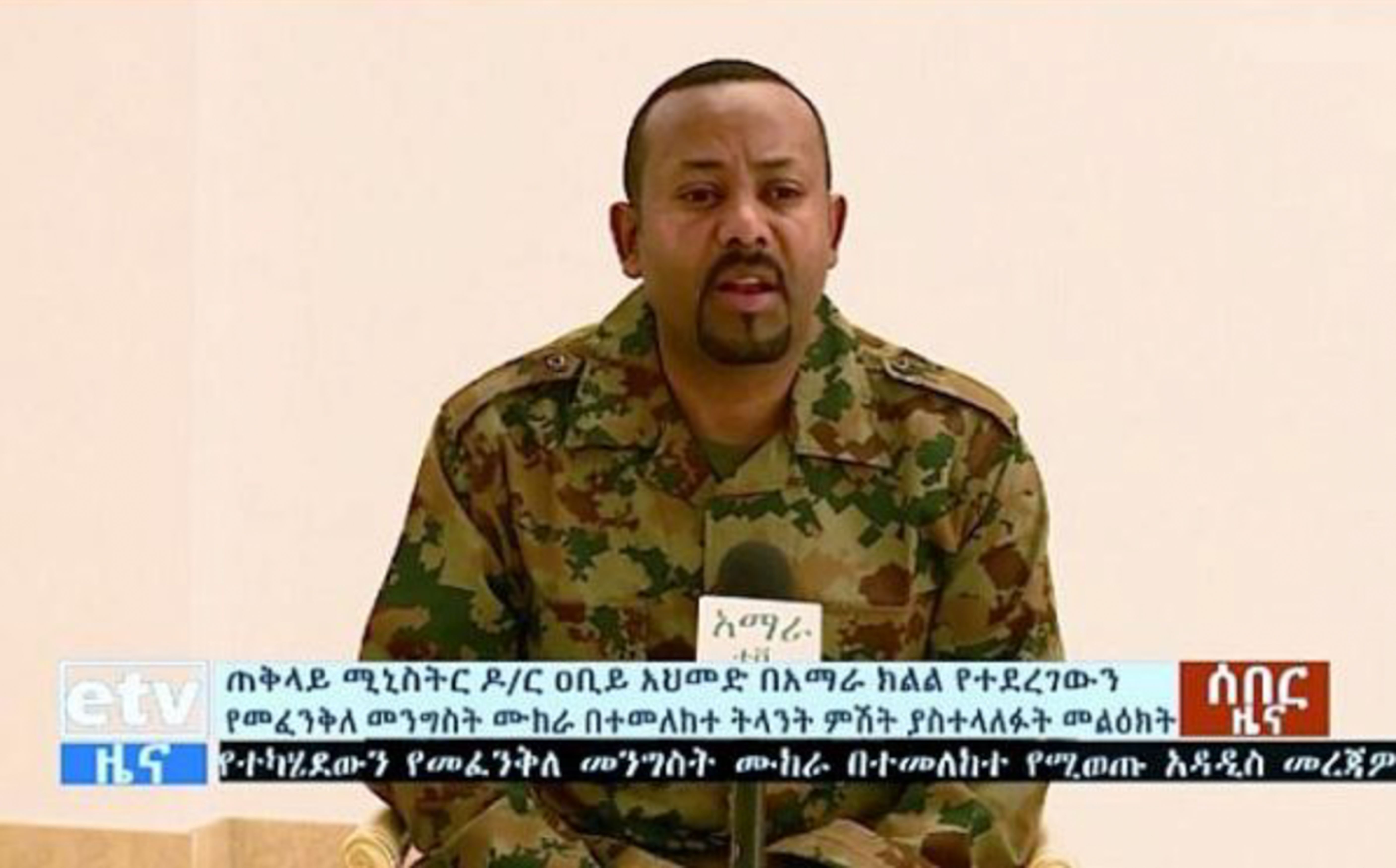 Perdana Menteri Ethiopia Abiy Ahmed berbicara kepada publik di televisi pada 23 Juni 2019 setelah kudeta yang gagal