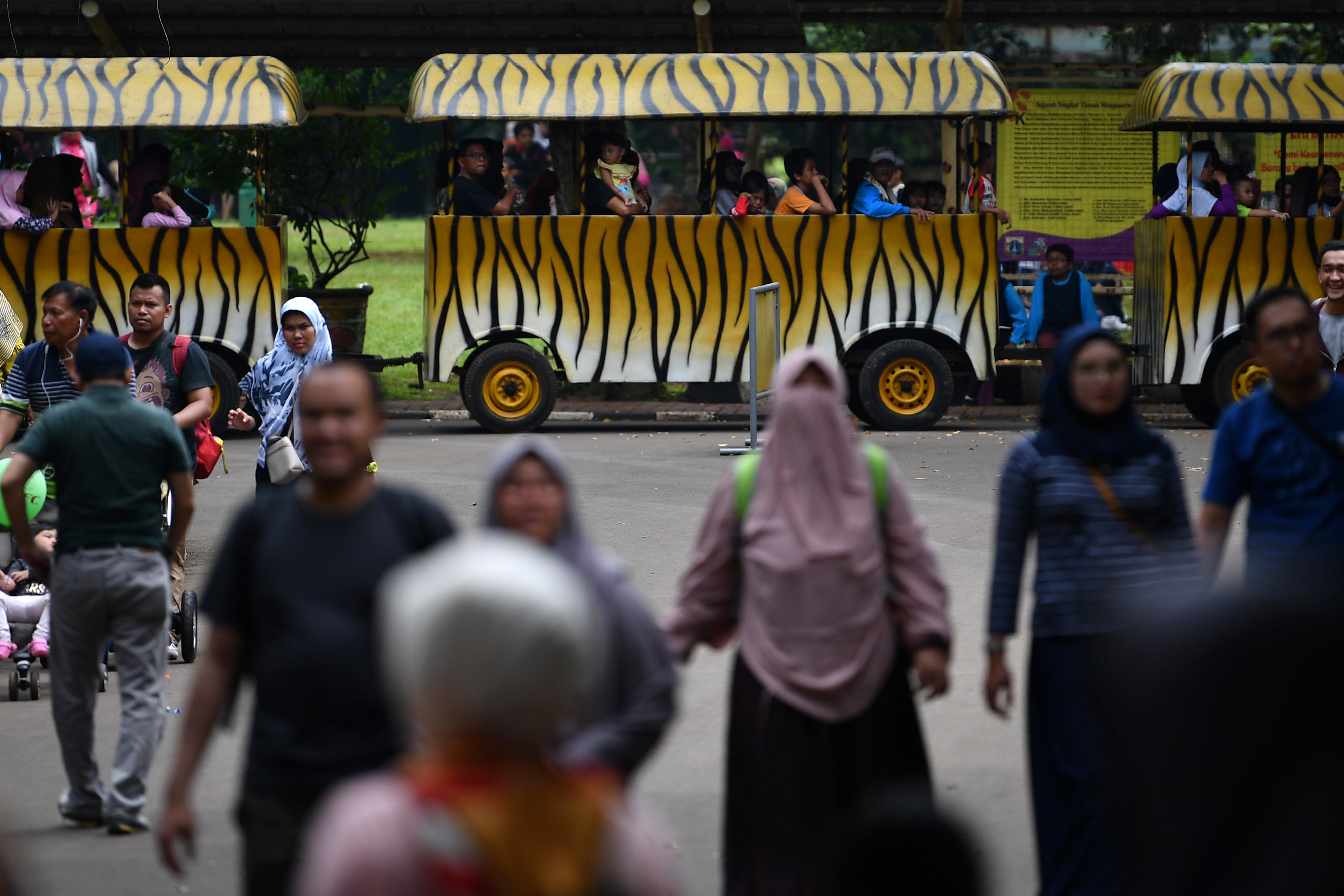 Pengunjung berkeliling dengan kereta di Taman Margasatwa Ragunan, Jakarta Selatan.