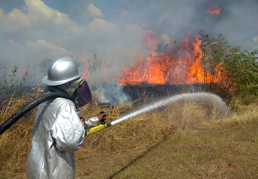 Petugas memadamkan kebakaran di lahan di kawasan Bandara El Tari Kupang, Nusa Tenggara Timur  (NTT), Jumat (21/6).
