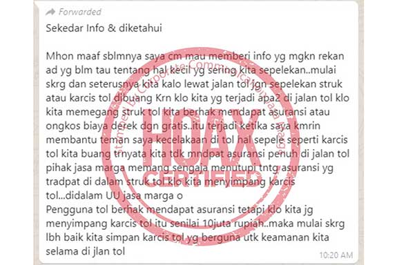 Biaya tol yg dibayarkan pengguna jalan tol hanya untuk membayar jasa jalan tol, tidak dibebankan tambahan biaya premi asuransi. Jasa Marga