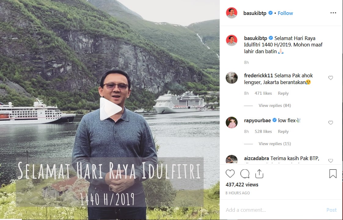 Ucapan selamat Idul Fitri di akun Instagram Basuki Tjahaya Purnama