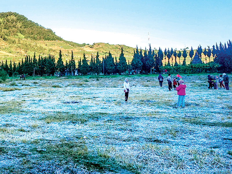  Wisatawan melihat fenomena embun beku atau bun upas yang terjadi di kawasan Candi Arjuna di Dieng, Banjarnegara, Jawa Tengah, kemarin. 
